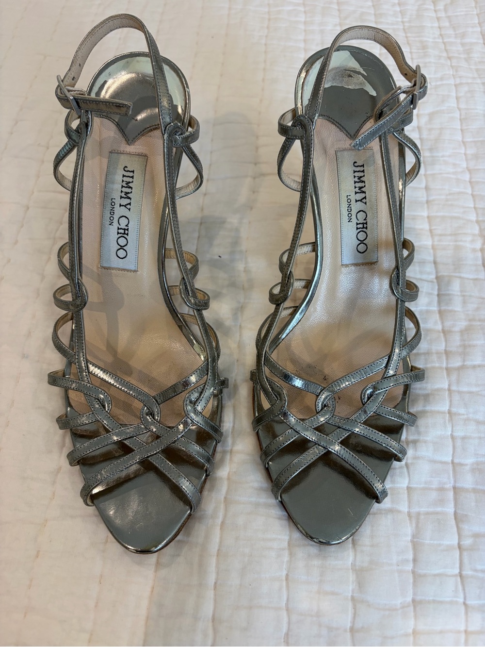 Jimmy Choo Silver Metallic Strappy Heeled Sandals. Size 38 (8)